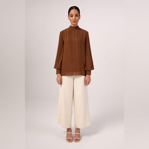 VEILED New York Textured Rayon Balloon Sleeve Blouse - Brown Cocoa - Picture 14 of 15